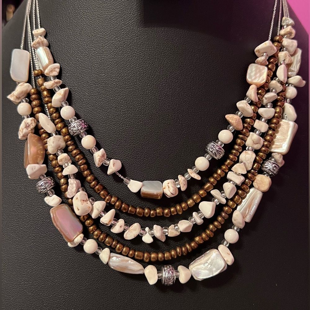 Vintage Genuine Mother Of Pearl And Howlite Silver Tone Multi Layer Necklace